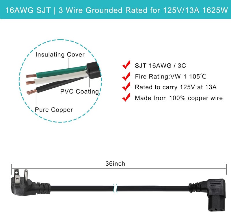 SPARKING 90 Degree Computer Power Cord - 3FT Flat Low Profile Angled NEMA 5-15 Plug to IEC C13 Power Cord,Universal PC Power Supply Cord, 16AWG, Black C13 3 Prong Angled AC Power Cord for PC Monitor/TV (3FT) - Image 3